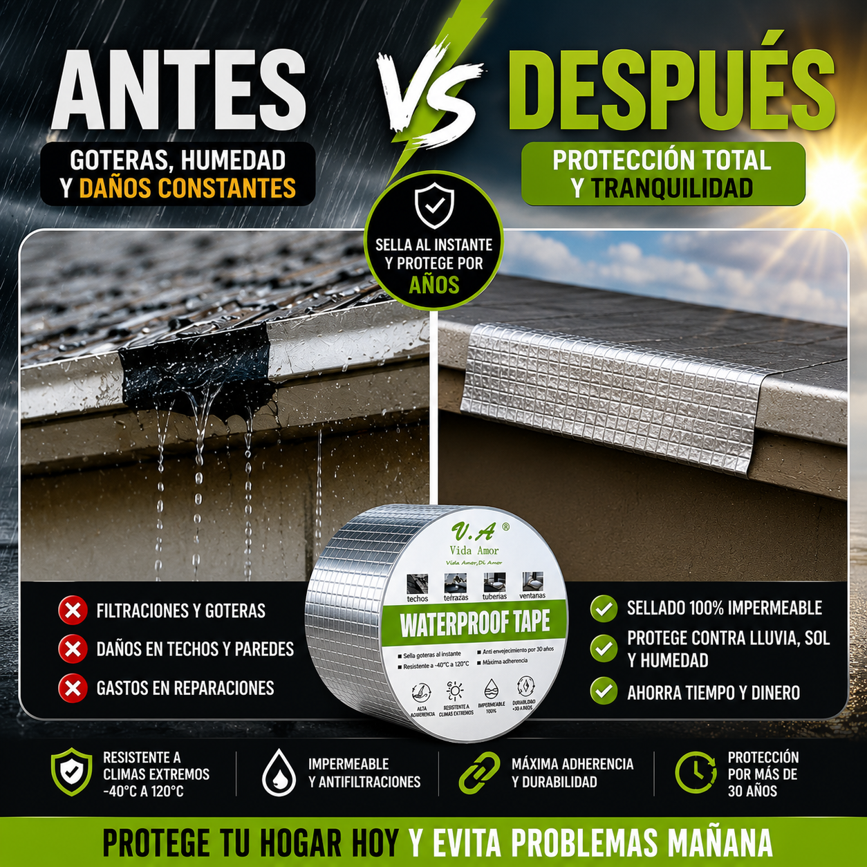 ForteGrip™ – Sella goteras al instante, resistente a lluvia, sol y humedad